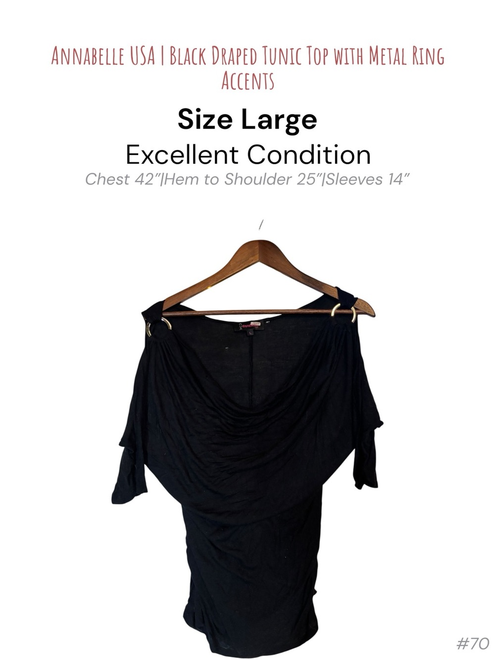 Annabelle USA Black Draped Tunic Top Ring Accent Sleeves Size Large